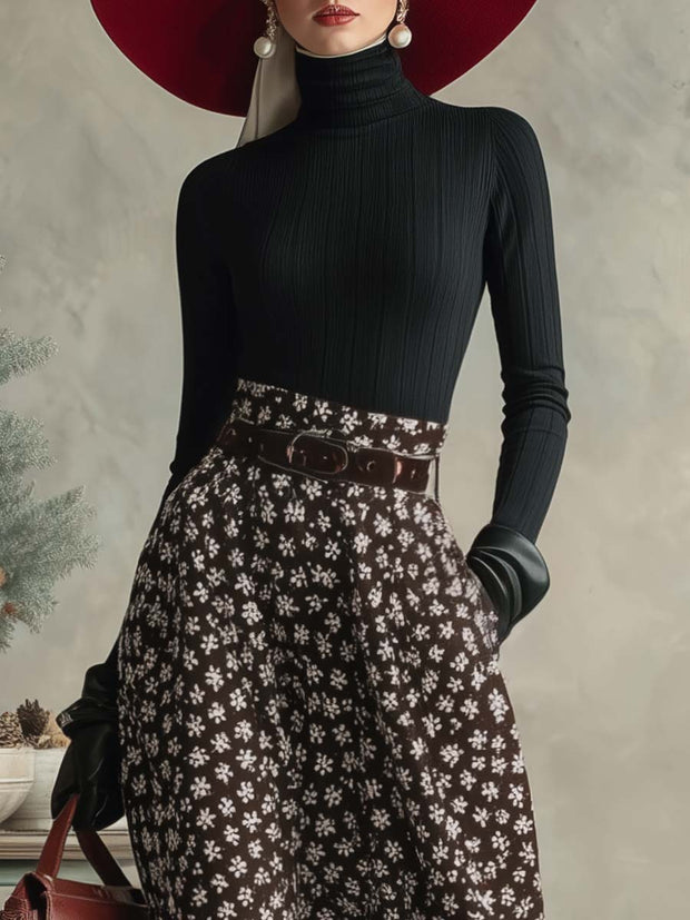 Elegantes Retro-Set mit schwarzem Rollkragenoberteil und braunem Rock mit Schneeflockenmuster im modernen Stil