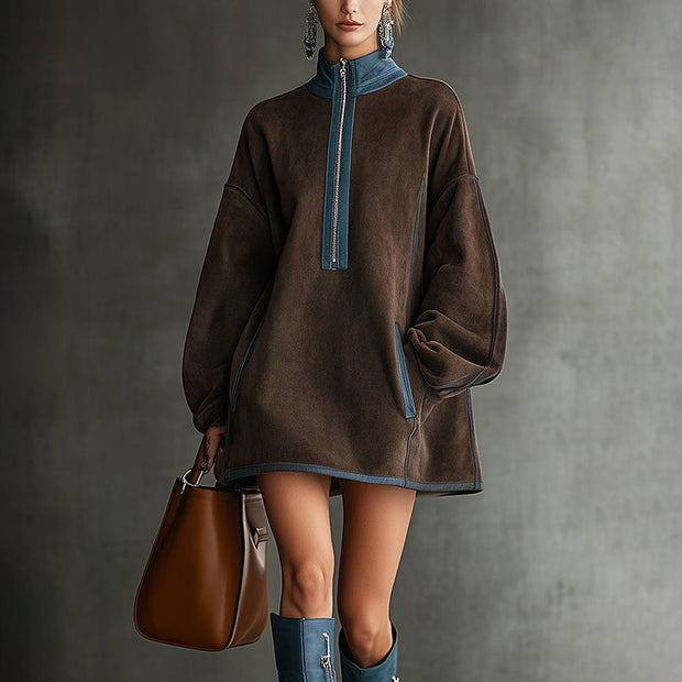 Herbst- und Winterkleid im Western-Retro-Stil aus Wildlederstoff, locker, mit Stehkragen und Reißverschluss-Dekoration