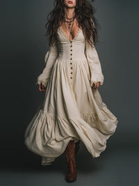 Elegantes Vintage-Spitzenkleid mit einreihiger Knopfleiste aus Baumwolle, Maxi-Länge im modernen Stil