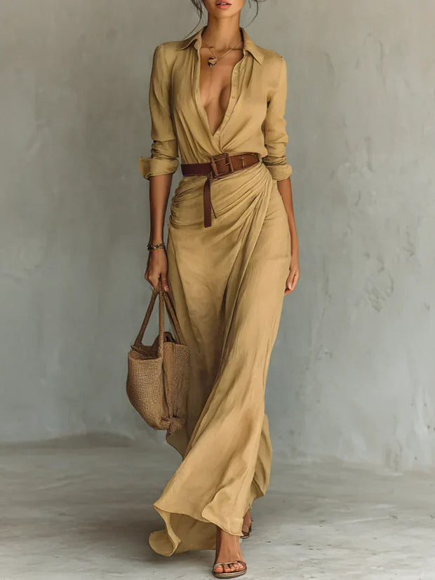 Maxikleid mit Reverskragen, langen Ärmeln und Gürtel