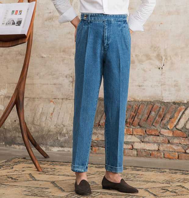Hose aus Denim mit doppelten Bundfalten und geradem Schnitt