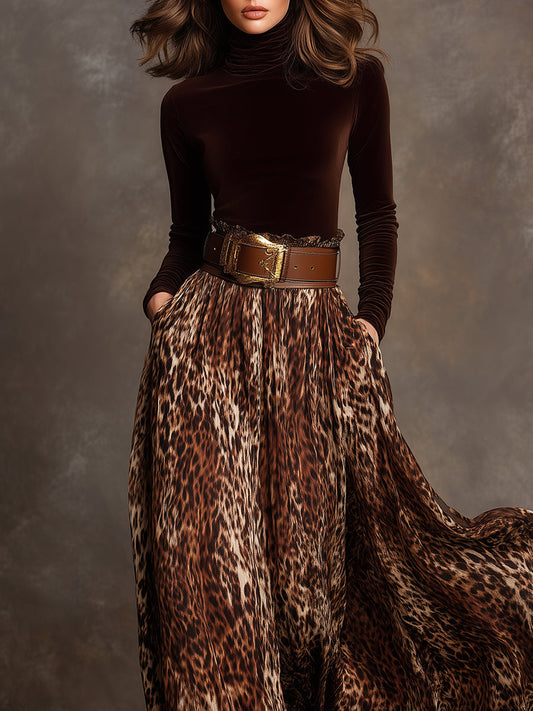 Elegantes Samtoberteil mit Rollkragen & langer Leopardenmuster-Rock im Set mit Gürtel im modernen Stil
