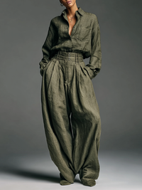 Damenmode Zweiteiler aus Baumwoll-Leinen-Mischung mit Langarmhemd und weitem Hosenbein im modernen Stil