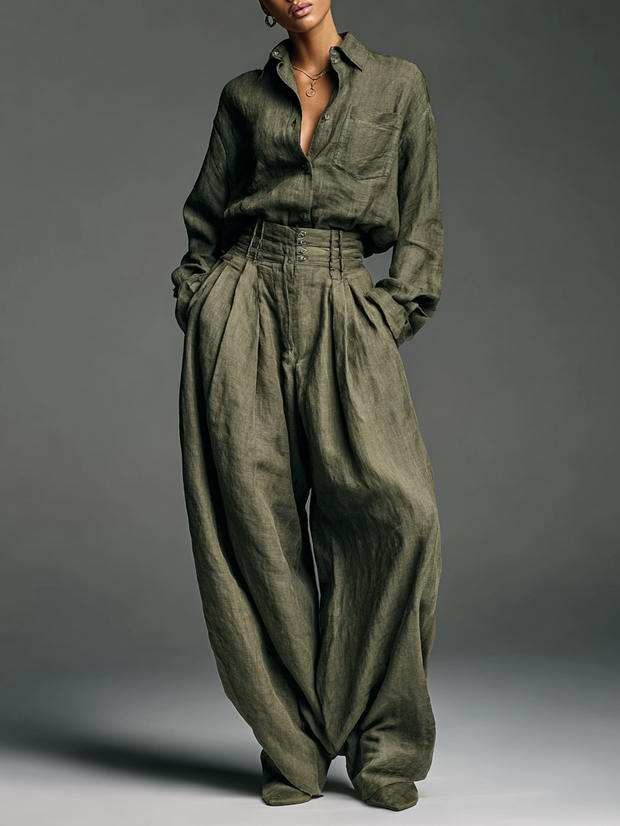 Damenmode Zweiteiler aus Baumwoll-Leinen-Mischung mit Langarmhemd und weitem Hosenbein im modernen Stil