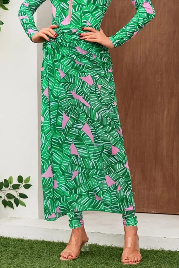 Grünes Surf-Badeanzug-Set mit Reißverschluss und langem, bedrucktem Ärmel im modernen Stil