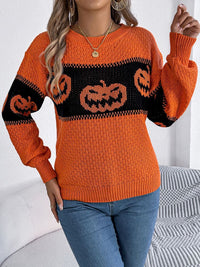 Halloween-Kürbiskopf-Farbblock-Strickpullover mit Rundhals