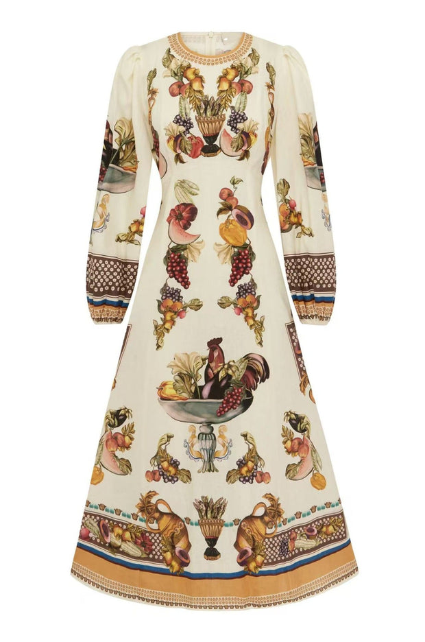 Marcella – Langes Kleid mit Ballonärmeln und Animalprint