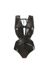 Schwarzer Badeanzug mit Pailletten-Applikation, Cut-out und glänzendem Finish im modernen Stil