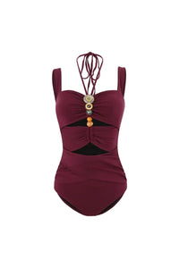 Bordeauxroter Boho Badeanzug mit Perlen und Ausschnitten Set im modernen Stil