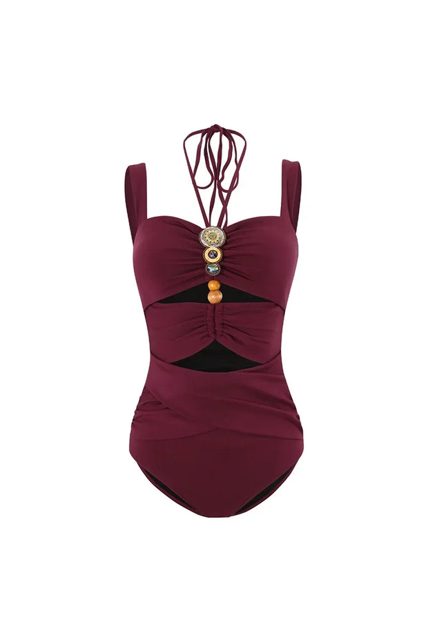 Bordeauxroter Boho Badeanzug mit Perlen und Ausschnitten Set im modernen Stil