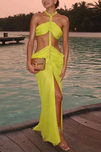 Langes Kleid mit Lagen-Look und Neckholder-Kette