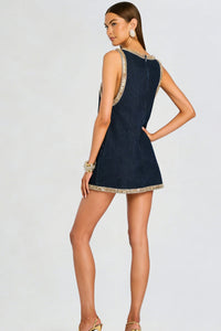 Marineblaues Denim-Kurzes Kleid mit Kristallbesatz