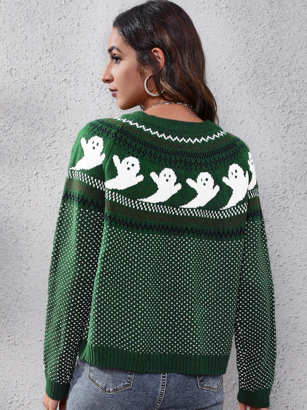 Gestrickter Pullover mit Rundhals und literarischem Retro-Geistermuster