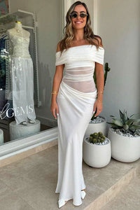 Maxikleid mit transparentem Netzstoff und schulterfreiem Schnitt