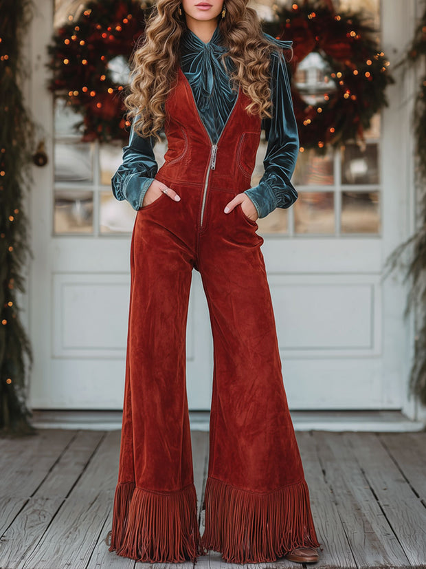 Western Retro V-Ausschnitt Reißverschluss Rote Kunstwildleder Weite Bein Quasten Latzhose im modernen Stil