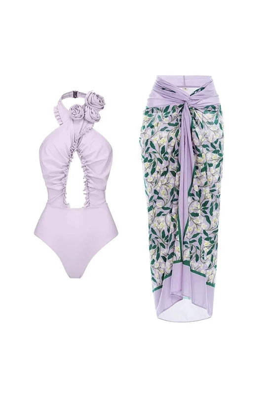 3D-Blumen Neckholder Rückenfreier Badeanzug Set im modernen Stil