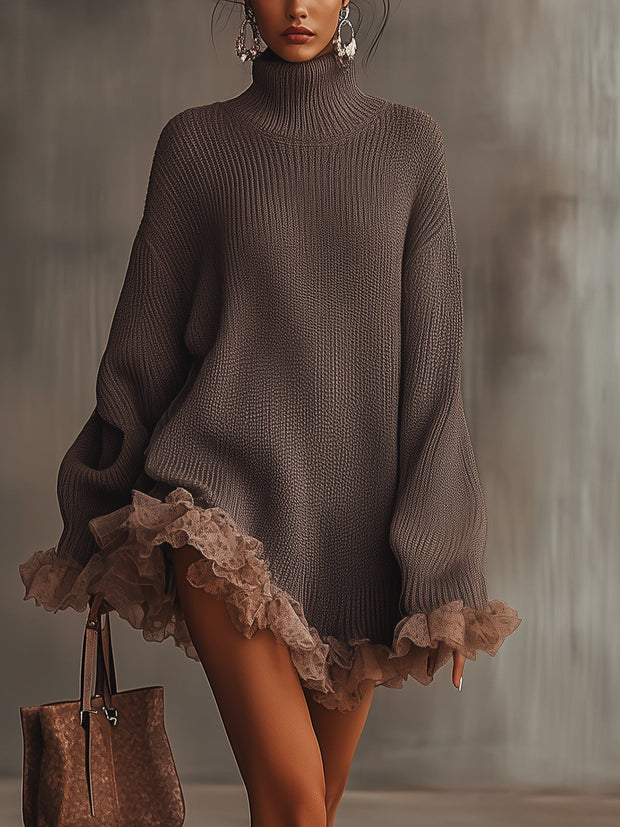 Braunes Rollkragenkleid mit gerafftem Saum im modernen Stil