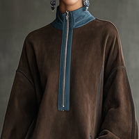Herbst- und Winterkleid im Western-Retro-Stil aus Wildlederstoff, locker, mit Stehkragen und Reißverschluss-Dekoration