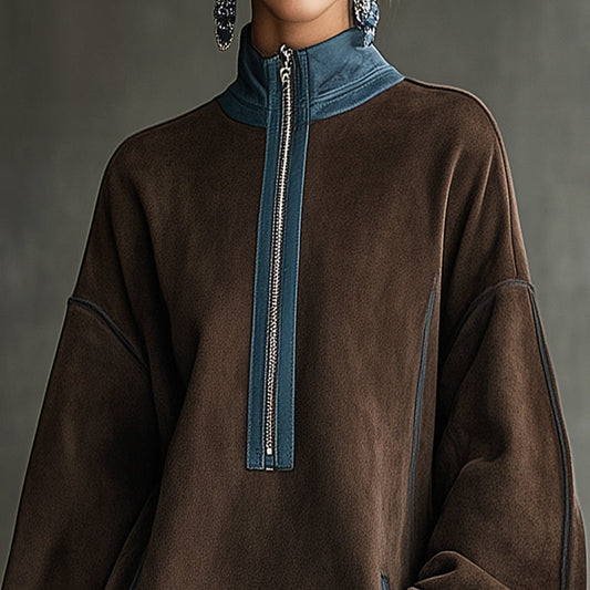 Herbst- und Winterkleid im Western-Retro-Stil aus Wildlederstoff, locker, mit Stehkragen und Reißverschluss-Dekoration
