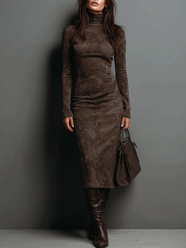 Kleid in Midi-Länge aus Wildleder mit hohem Kragen und langen Ärmeln