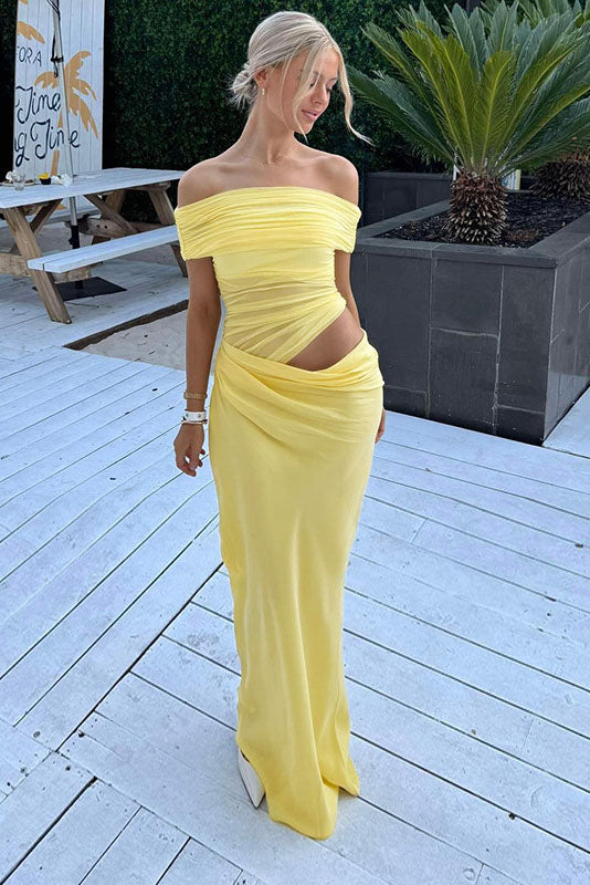 Maxikleid mit transparentem Netzstoff und schulterfreiem Schnitt