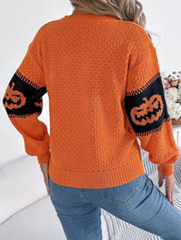 Halloween-Kürbiskopf-Farbblock-Strickpullover mit Rundhals