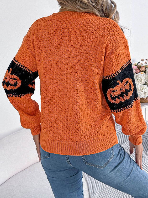 Halloween-Kürbiskopf-Farbblock-Strickpullover mit Rundhals