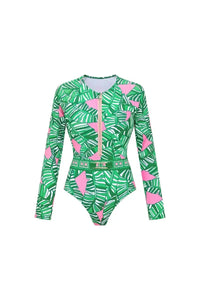 Grünes Surf-Badeanzug-Set mit Reißverschluss und langem, bedrucktem Ärmel im modernen Stil