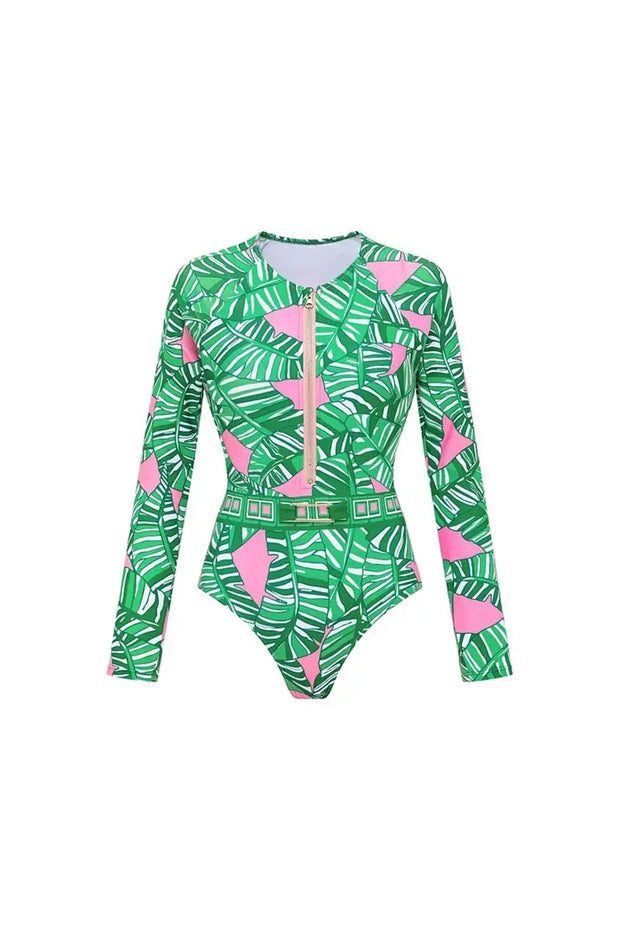 Grünes Surf-Badeanzug-Set mit Reißverschluss und langem, bedrucktem Ärmel im modernen Stil