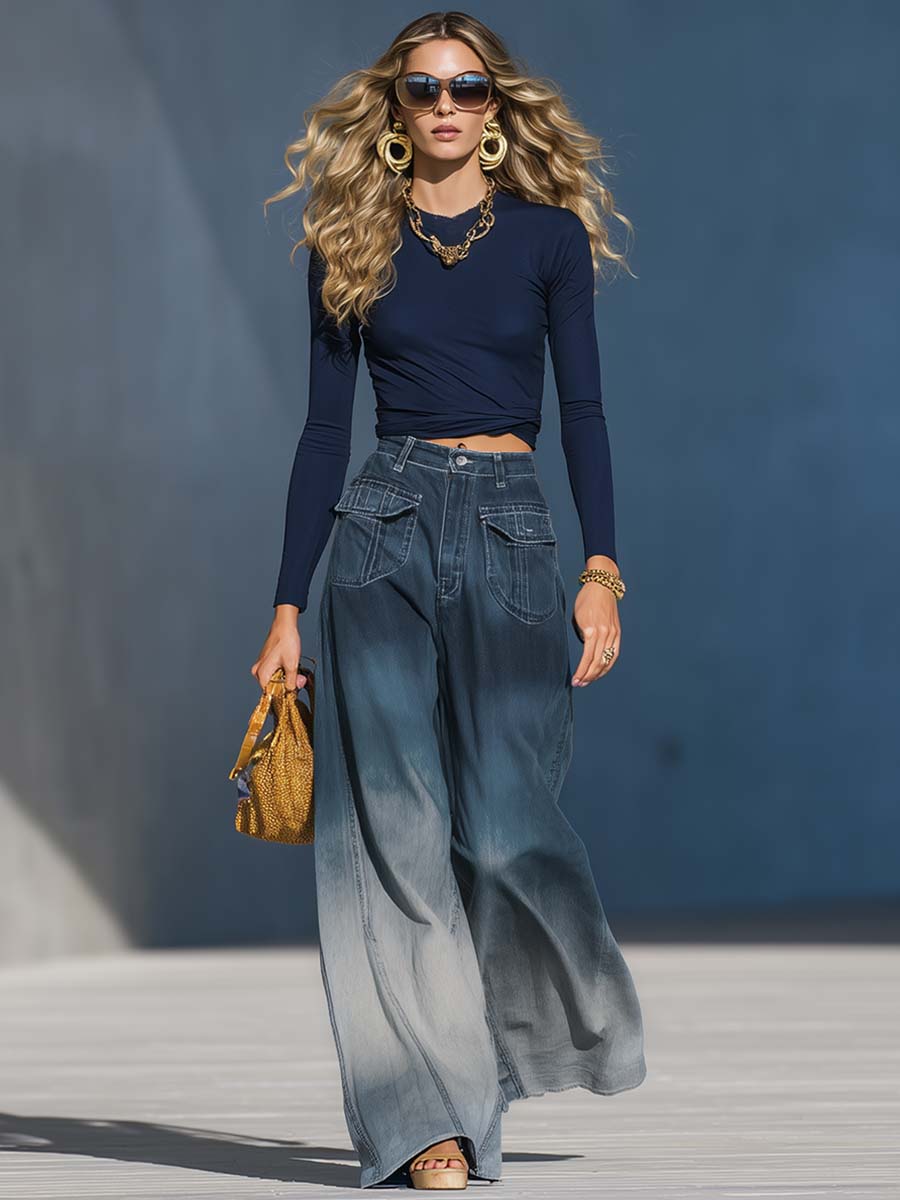 Freizeitmode Jeans in Farbverlauf, gewaschen, blau-grau, lockere Hose im modernen Stil