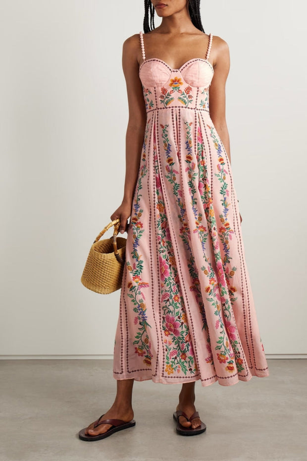 Bedrucktes Trägerkleid mit Perlen für den Urlaub im modernen Stil