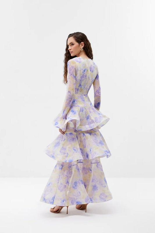 Florales Stufenvolant-Kleid in Midi-Länge