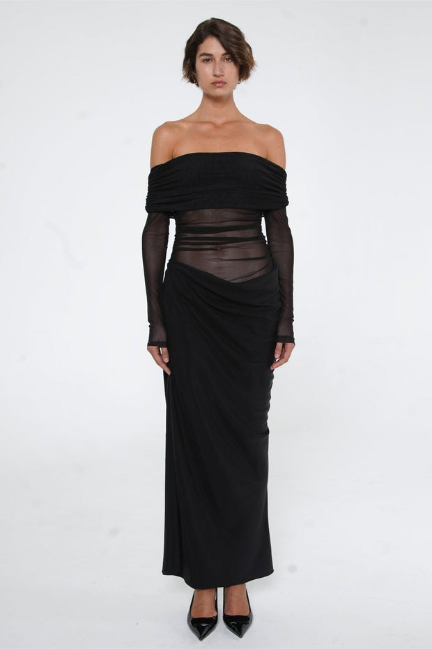 Lillian – Schulterfreies, transparentes Maxi-Netzkleid im modernen Stil