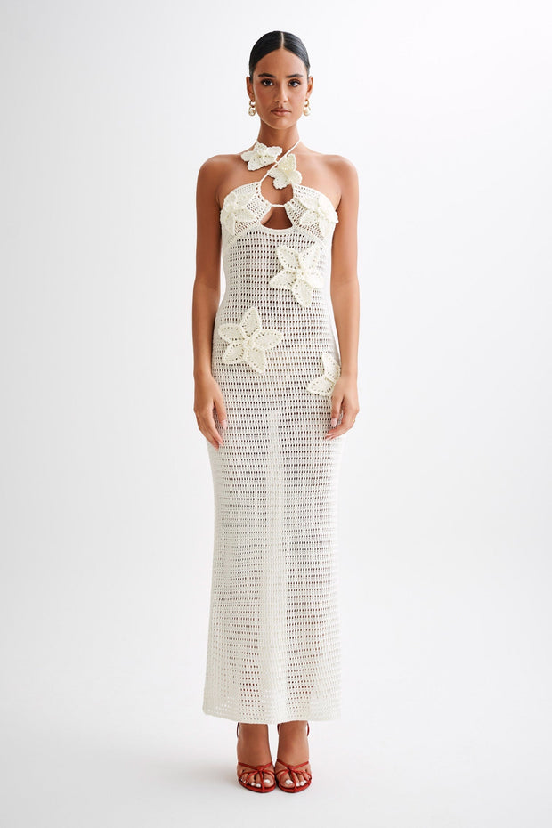 Beverly – Gehäkeltes Langes Kleid mit Blumenapplikation