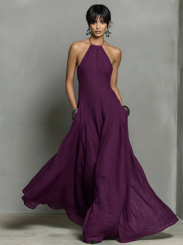 Minimalistisches Maxikleid mit Neckholder aus Leinenmischung