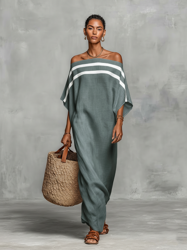 Minimalistisches Maxikleid aus Leinenmischung mit Carmenausschnitt und Fledermausärmeln