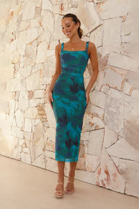 Azalea Kleid in Midi-Länge - Grünes Blumenmuster