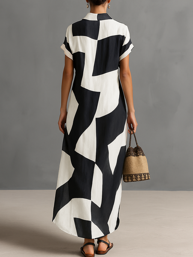 Maxikleid mit Kurzarm und geometrischem Baumwoll-Leinen-Muster