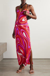 Marmo bedrucktes Satin-Langes Kleid
