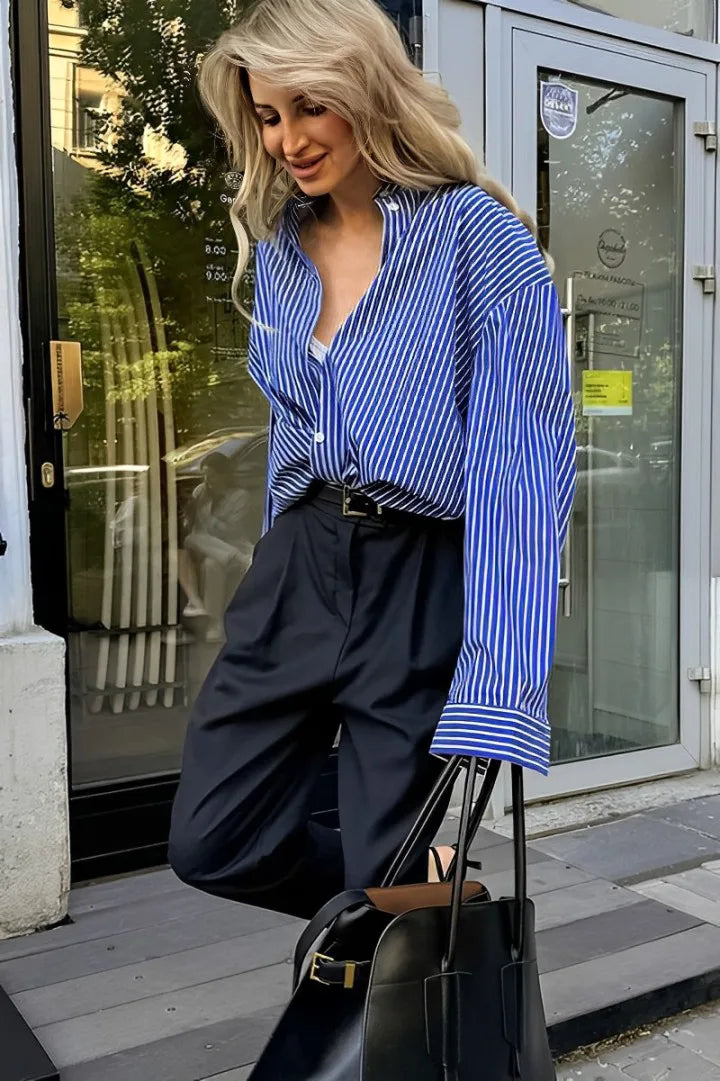 Lose Langarmbluse mit Patchwork-Streifen im modernen Stil