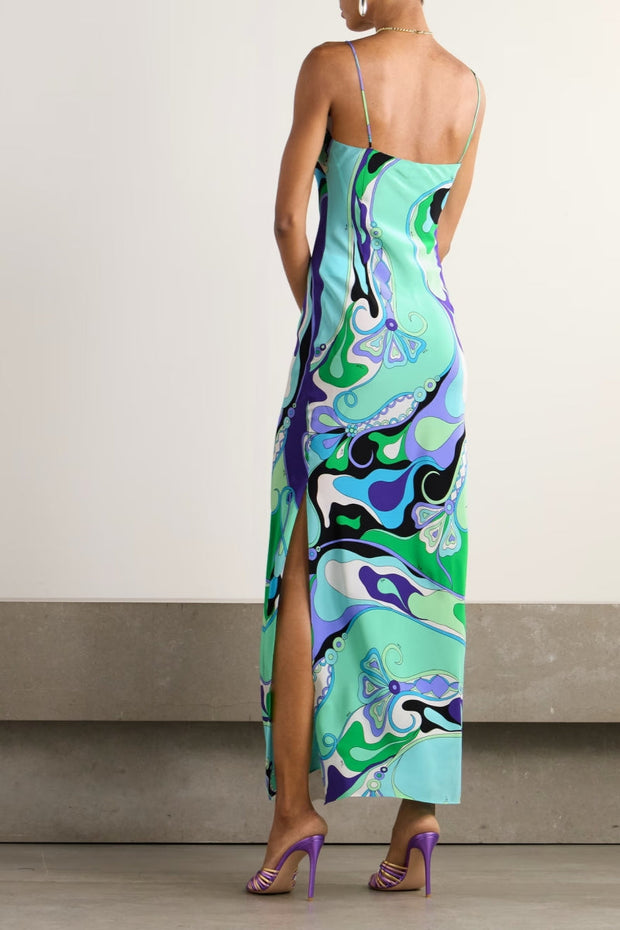 Marmo bedrucktes Satin-Langes Kleid