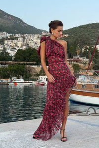Kleid mit Nierenrüschen und Blumendruck im modernen Stil