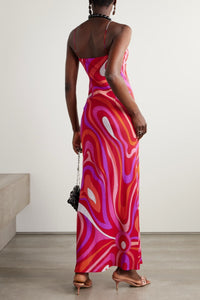 Marmo bedrucktes Satin-Langes Kleid