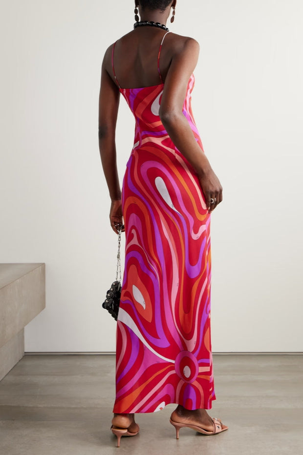 Marmo bedrucktes Satin-Langes Kleid