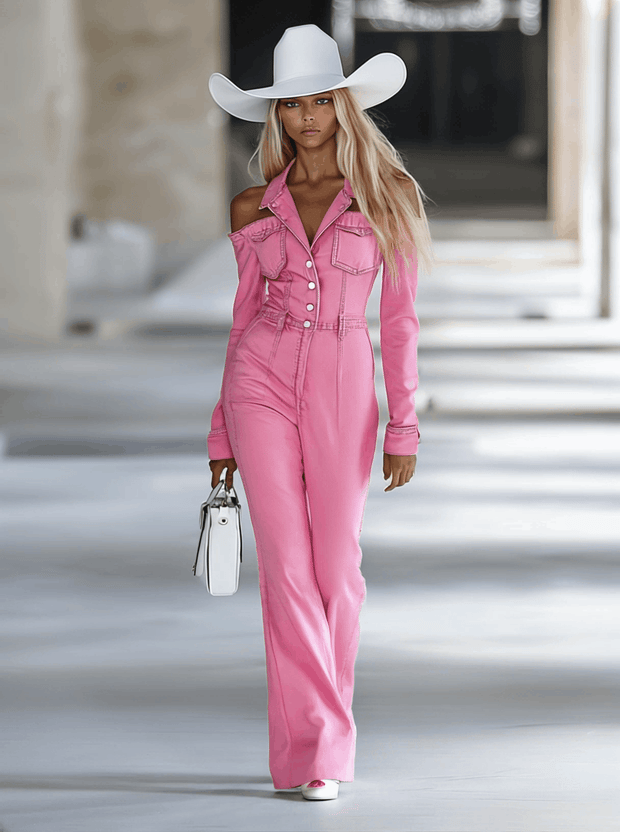 Modischer personalisierter rosa Denim-Overall mit weitem Bein, langem Ärmel und schulterfreiem Ausschnitt im modernen Stil