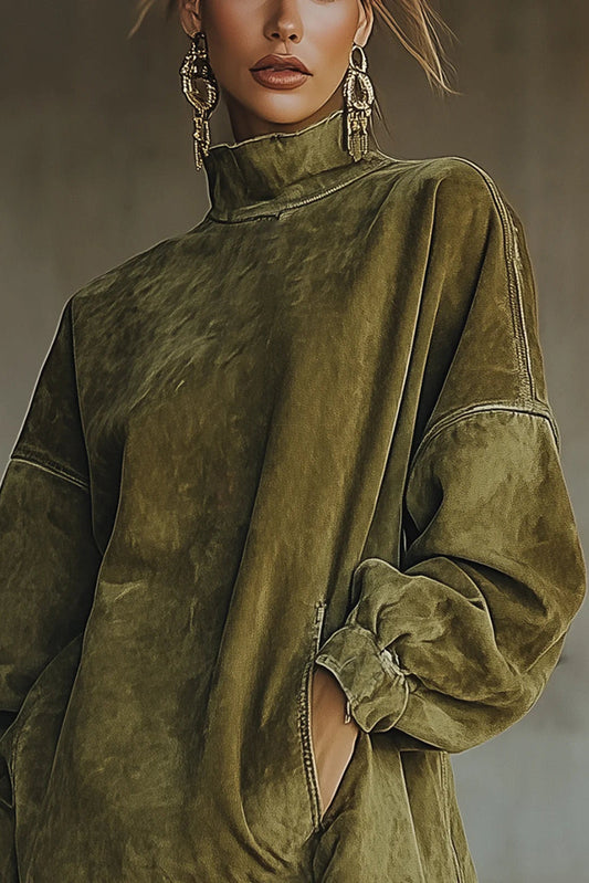 Kleid aus Kunstwildleder mit Rollkragen und Fransenabschluss im modernen Stil