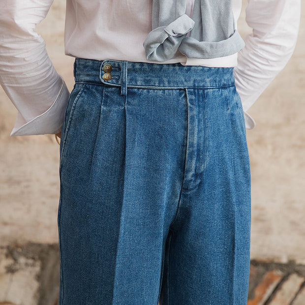 Hose aus Denim mit doppelten Bundfalten und geradem Schnitt