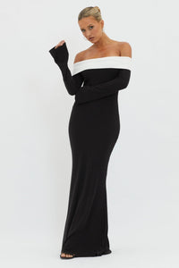 Aeris schulterfreies Maxi-Strickkleid im modernen Stil