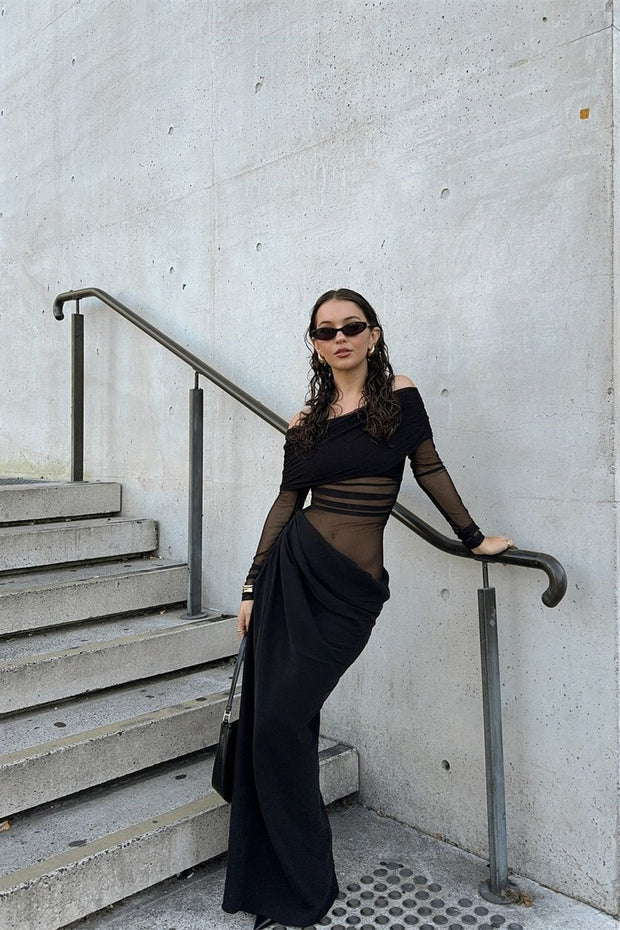 Lillian – Schulterfreies, transparentes Maxi-Netzkleid im modernen Stil