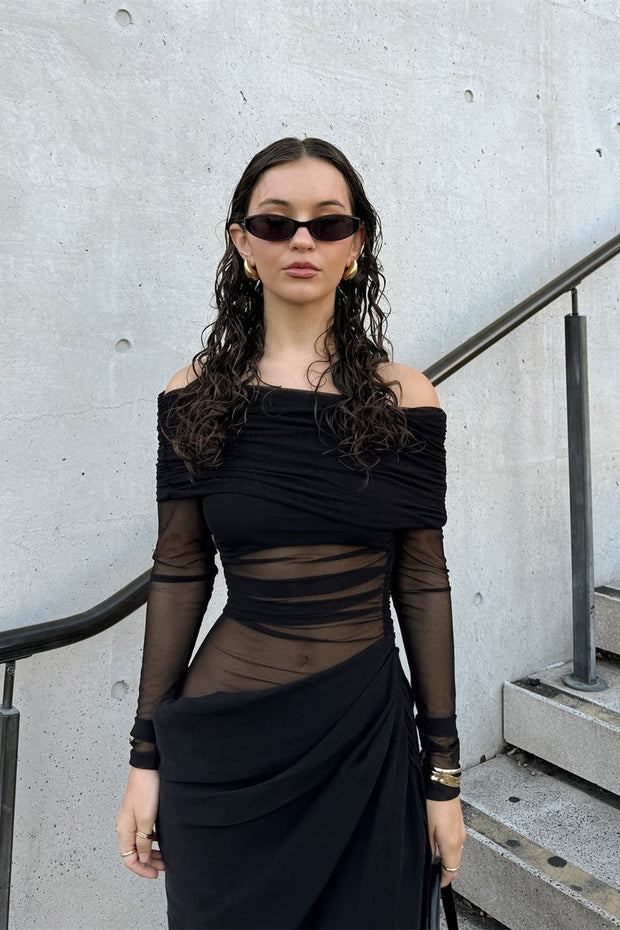 Lillian – Schulterfreies, transparentes Maxi-Netzkleid im modernen Stil